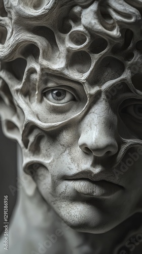 Surreal sentience a marble bust with blinking human eyes