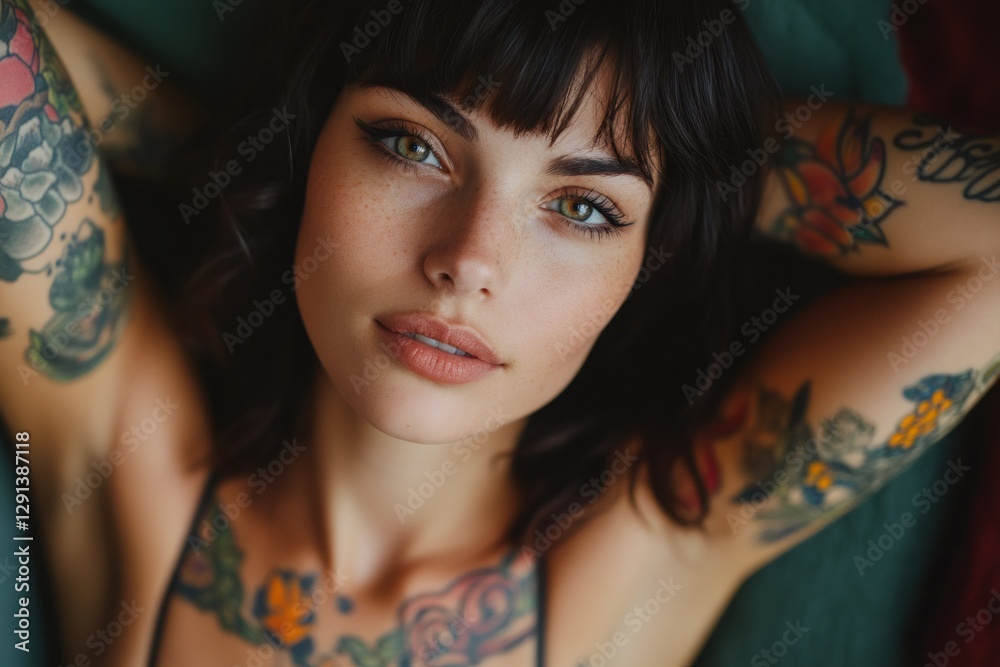 Tattooed model relaxing with hands behind head