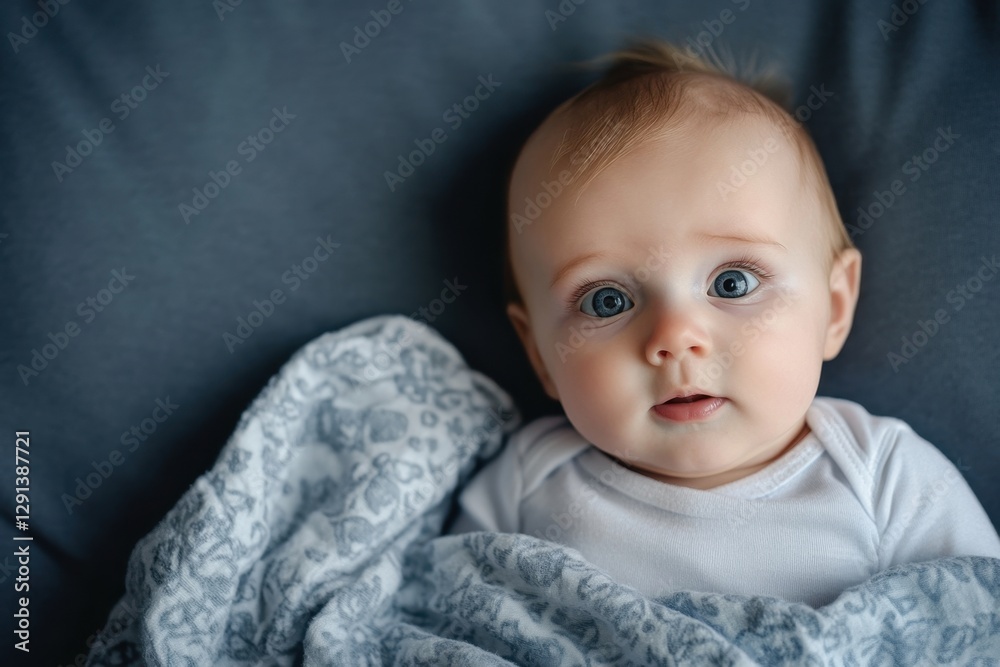 The adorable infant with bright blue eyes is staring directly forward The adorable infant with bright blue eyes is staring directly forward