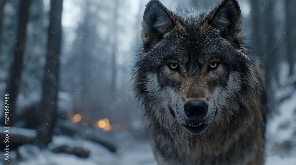 Wolf stares intently in forest of snow and trees for a wildlife documentary film Wolf stares intently in forest of snow and trees for a wildlife documentary film