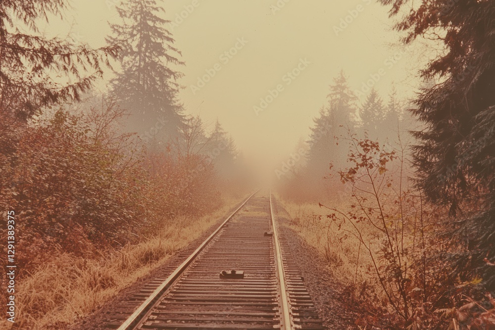 Foggy railway tracks through autumn forest with misty horizon perspective Foggy railway tracks through autumn forest with misty horizon perspective