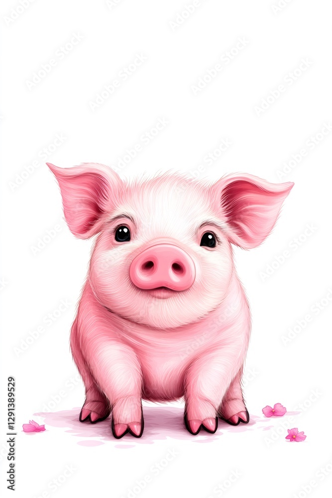 Adorable pink piglet standing on white background with flowers Adorable pink piglet standing on white background with flowers