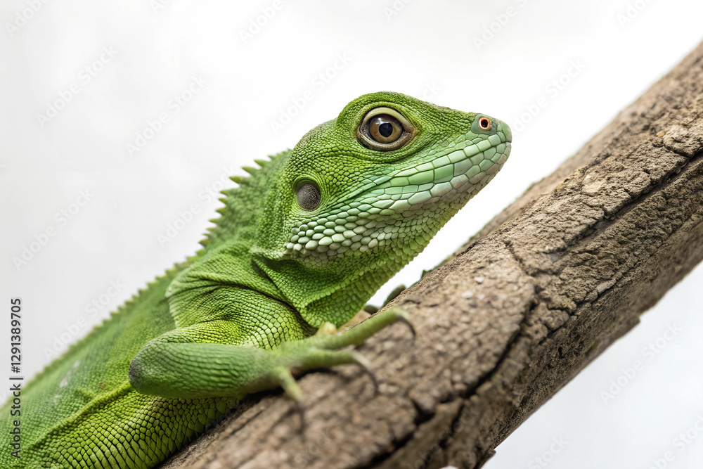 Fototapeta premium Vibrant Green Lizard Resting on Tree Branch on white Background
