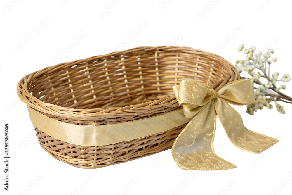 Obraz premium Empty wicker basket with a decorative golden bow on a white background