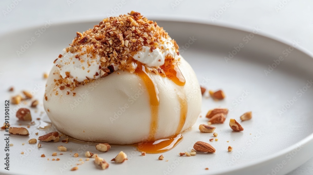 Fototapeta premium Pistachio Bao Bun with Honey Drizzle and Ricotta Topping