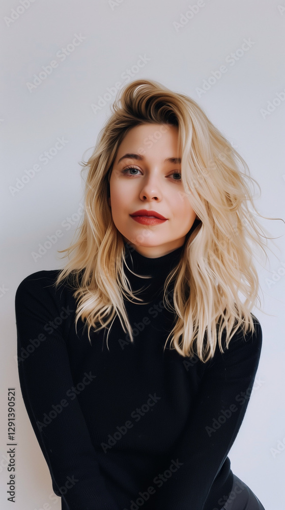 Naklejka premium Young woman in black turtleneck, blonde hair, confident gaze.