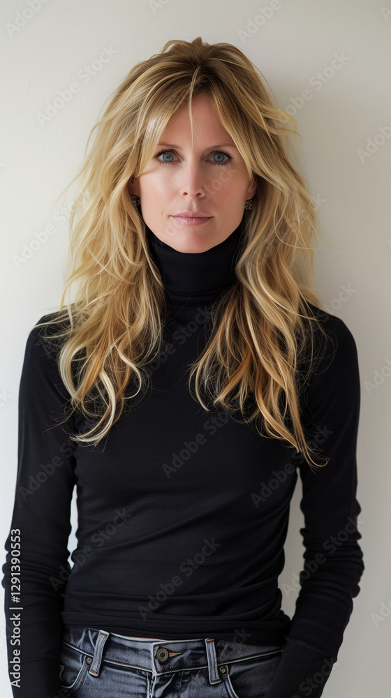 Middle-aged blonde woman in black turtleneck, confident, natural backdrop. Middle-aged blonde woman in black turtleneck, confident, natural backdrop.