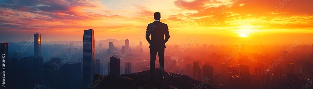 Fototapeta premium Dramatic silhouette of an executive standing on a cliffside