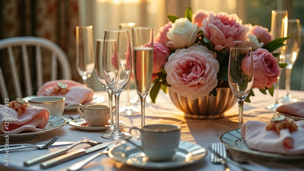 Elegant table setting with pink flowers and champagne flutes in sunlit room Elegant table setting with pink flowers and champagne flutes in sunlit room