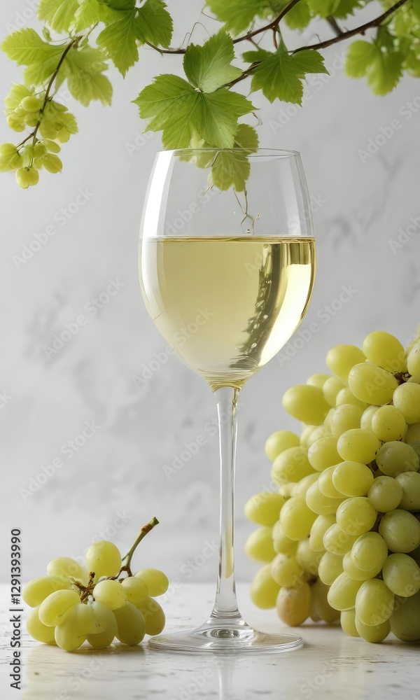 Elegant arrangement of white wine glass and grapes with grapevine on white background, arrangement, grapevine, tabletop Elegant arrangement of white wine glass and grapes with grapevine on white background, arrangement, grapevine, tabletop