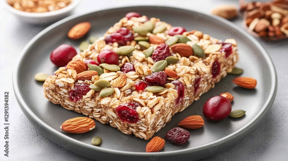 Crispy granola bars rest on a gray plate, their golden surface studded with crunchy nuts and wholesome seeds. Crispy granola bars rest on a gray plate, their golden surface studded with crunchy nuts and wholesome seeds.