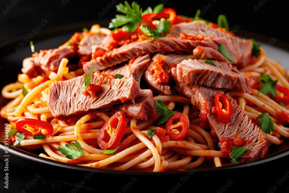 A vibrant dish of spaghetti topped with succulent beef slices, garnished with fresh herbs and chili peppers, served on a dark plate. A vibrant dish of spaghetti topped with succulent beef slices, garnished with fresh herbs and chili peppers, served on a dark plate.