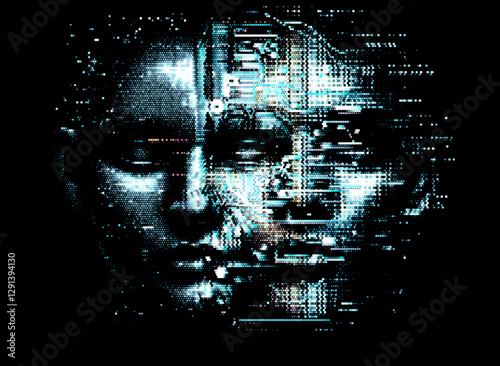 Vector illustration of a mysterious digital face merging with glitch effects and binary elements. The dark, abstract style conveys themes of technology and artificial intelligence.