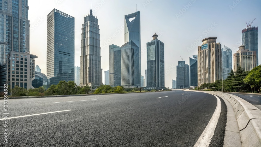 Empty asphalt road passing through the heart of a modern city amidst towering skyscrapers and office buildings, high-rise buildings, urban sprawl, skyscraper Empty asphalt road passing through the heart of a modern city amidst towering skyscrapers and office buildings, high-rise buildings, urban sprawl, skyscraper