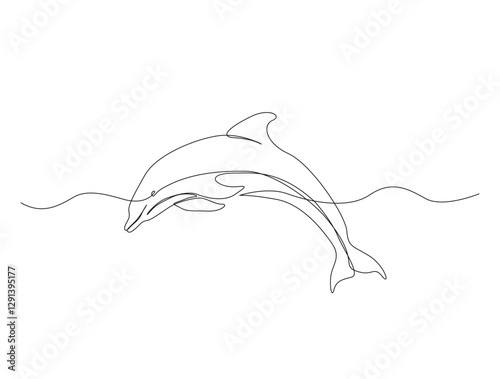 Continuous one line drawing of dolphin fish in the sea. Bottlenose dolphin in single line draw illustration. Editable stroke.