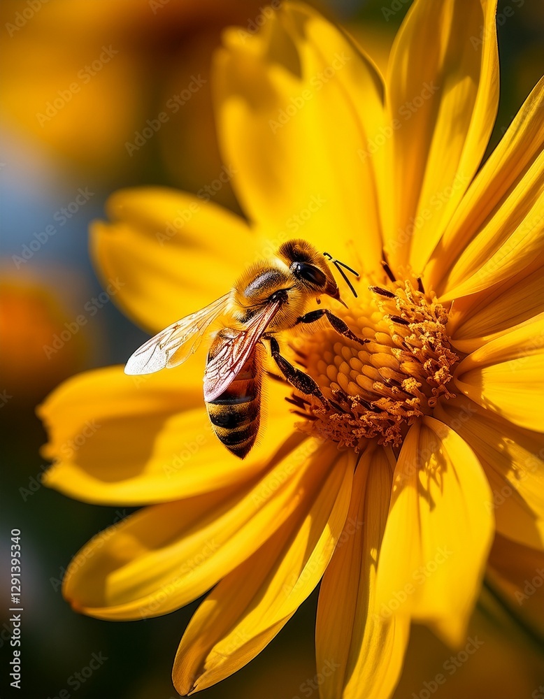 A detailed close-up of a honeybee gently landing on a bright yellow flower, collecting pollen. The focus on the bee's wings and the texture of the petals highlights the beauty of nature in springtime A detailed close-up of a honeybee gently landing on a bright yellow flower, collecting pollen. The focus on the bee's wings and the texture of the petals highlights the beauty of nature in springtime