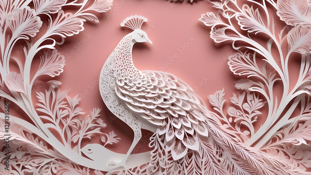 Fototapeta premium Beautiful Kirigami-Style Peacock on a Soft Pastel Background 
