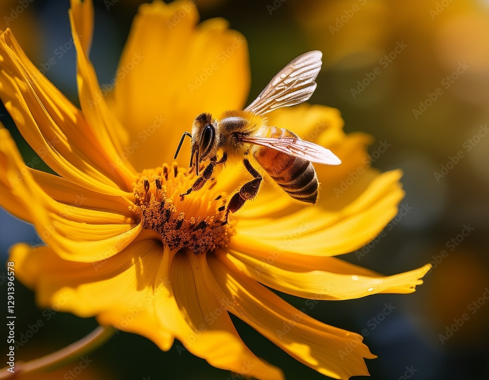 A detailed close-up of a honeybee gently landing on a bright yellow flower, collecting pollen. The focus on the bee's wings and the texture of the petals highlights the beauty of nature in springtime A detailed close-up of a honeybee gently landing on a bright yellow flower, collecting pollen. The focus on the bee's wings and the texture of the petals highlights the beauty of nature in springtime