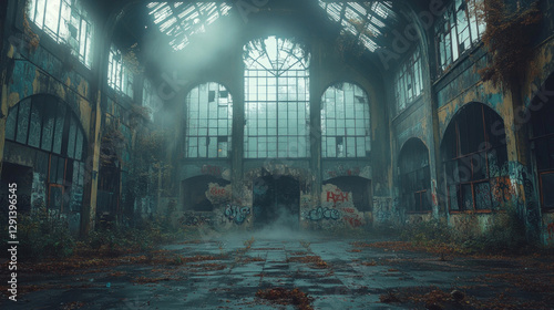 Cinematic abandoned factory with shattered windows, graffiti-covered walls, and an eerie mist filling the empty halls