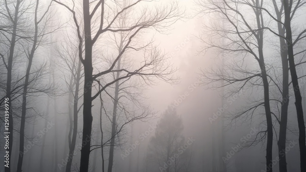 A misty morning scene features a forest landscape with soft gray light and gentle tree branches swaying in the breeze, gray, wind A misty morning scene features a forest landscape with soft gray light and gentle tree branches swaying in the breeze, gray, wind