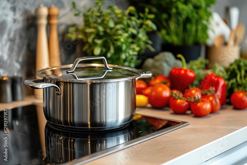 Stainless steel pot sitting on induction stove top with fresh vegetables in modern kitchen