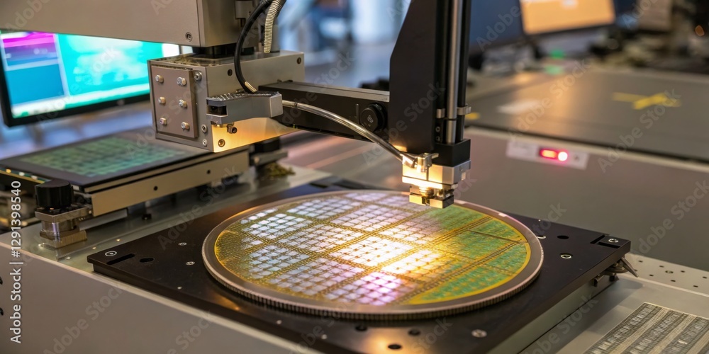 Automated machine applies technology on silicon wafer in advanced semiconductor fabrication facility