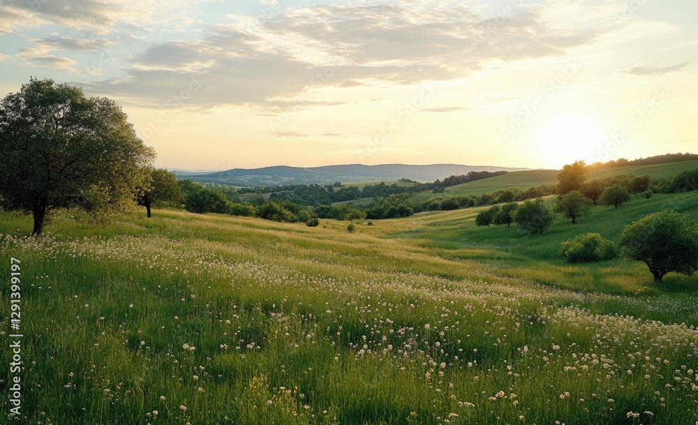 Obraz premium Sunset over rolling hills and meadows