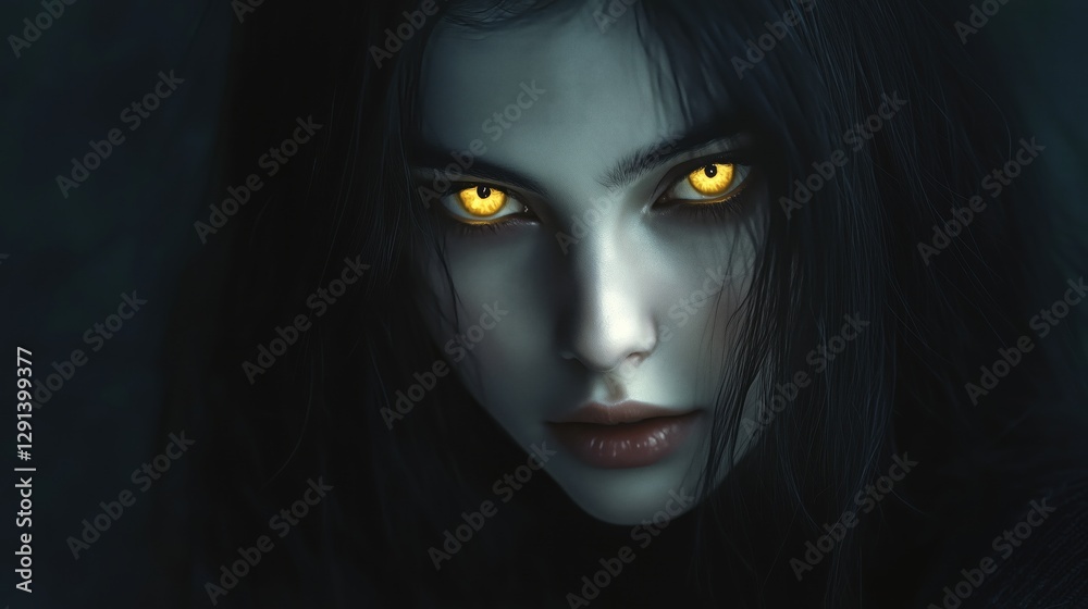 Her piercing yellow eyes glow through the darkness, framed by cascading black hair, as she slowly emerges from the shadows. Her piercing yellow eyes glow through the darkness, framed by cascading black hair, as she slowly emerges from the shadows.