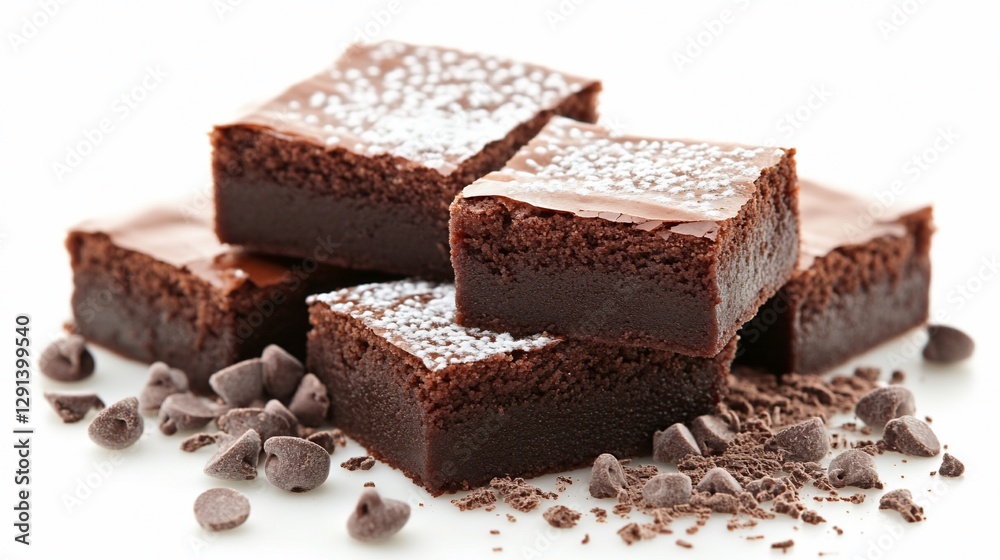 Delicious fudgy brownies, chocolate chips, studio shot, dessert Delicious fudgy brownies, chocolate chips, studio shot, dessert