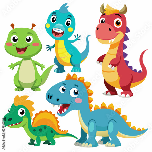 Cartoon Illustration of Dinosaurs Prehistoric Set. Collection of dinosaurs and pterosaurs of various types isolated on white background.