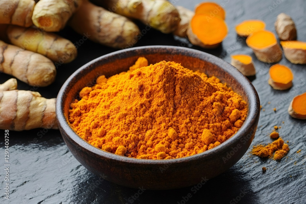 Turmeric powder in wooden bowl with fresh turmeric root Turmeric powder in wooden bowl with fresh turmeric root