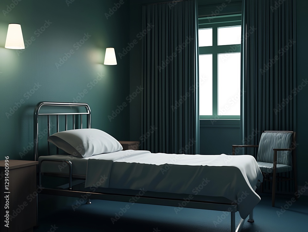 Obraz premium A minimalist hospital room featuring a bed, a chair, and a window, illuminated by soft lighting, creating a serene atmosphere.