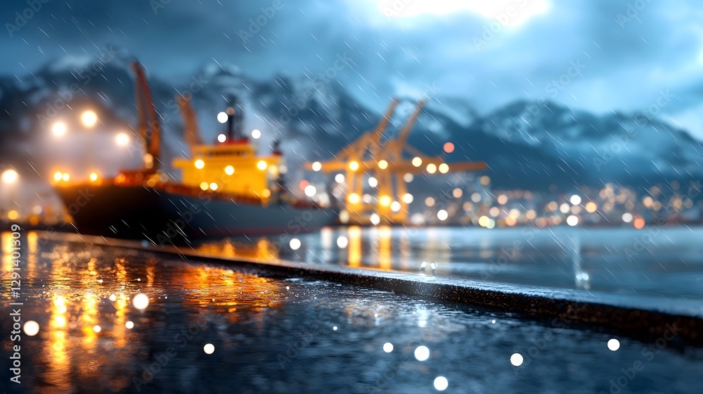 Fototapeta premium Bustling commercial shipping port illuminated at night with silhouetted cranes and digital cargo interfaces Bright port lights and reflections create a dynamic industrial landscape