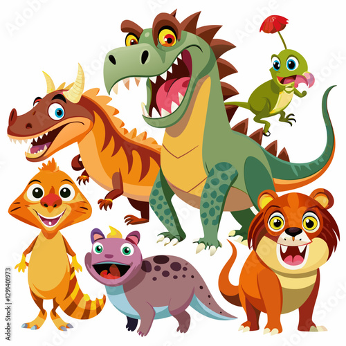 Set of cute happy dinosaurs, with the names of each, the inhabitants of the ancient world in a children's cartoon style isolated on transparent background