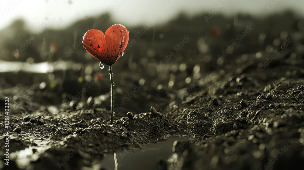 Fototapeta premium A red poppy flower with a heart-shaped center and dew drops on its petals.