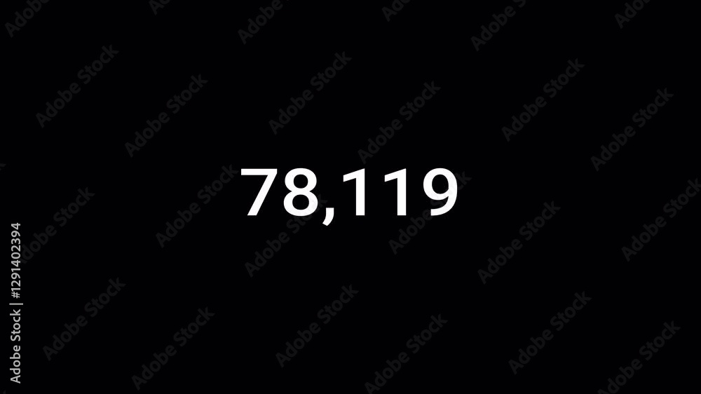 number counter animation 0 to 100,000 on a transparent background, hundred thousand  Animated counting Numbers from 0 to 100,000 with alpha channel for likes, views, amount concepts in 4k.