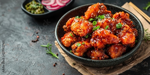 Korean Fried Chicken with Kimchi and Pickled Radish on a rustic stone background