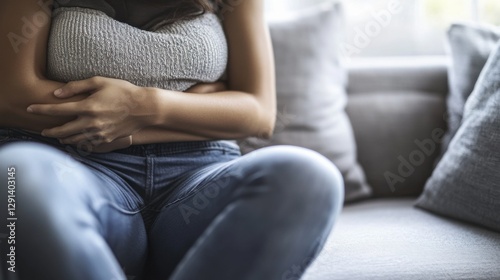 Abdominal pain from bloating, a person holding their stomach while sitting in a cozy room. Featuring discomfort and bloating relief solutions