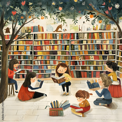 A library filled with bookshelves students reading a book