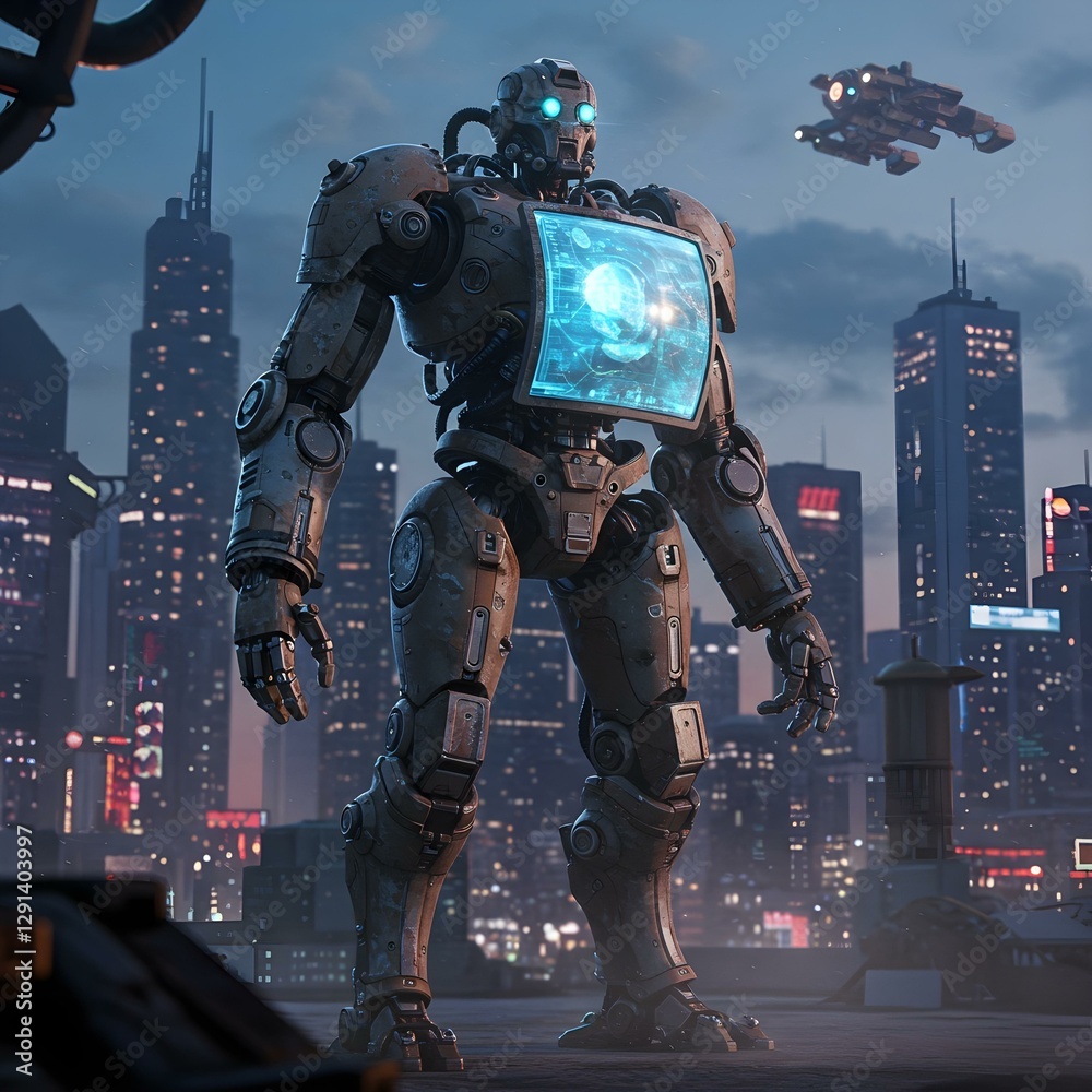 Naklejka premium Giant Battle Robot Standing Against a Futuristic City Skyline