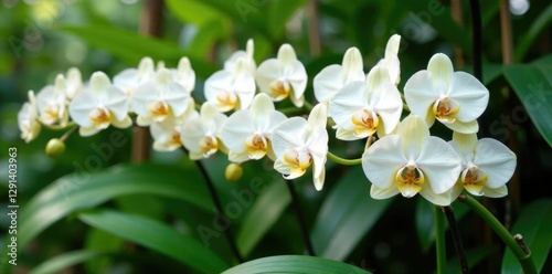 Dense row of mature vanilla orchids in a lush tropical garden, foliage, orchid, botanical