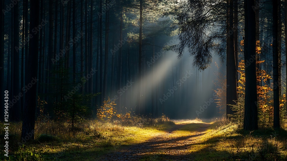 Fototapeta premium Sunlight streaming into forest through trees during the daytime
