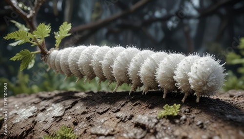 Fungal infected caterpillar with white powdery coating and branching growth, insect fungal infection, caterpillar disease