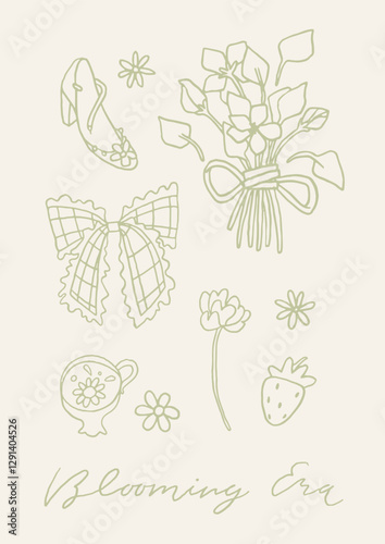 Cute spring hand drawn cottagecore card. Blooming era feminine floral poster. Ribbon, flower bouquet. Countryside aesthetic poster in whimsical line art style. A4 vertical printable, vector background