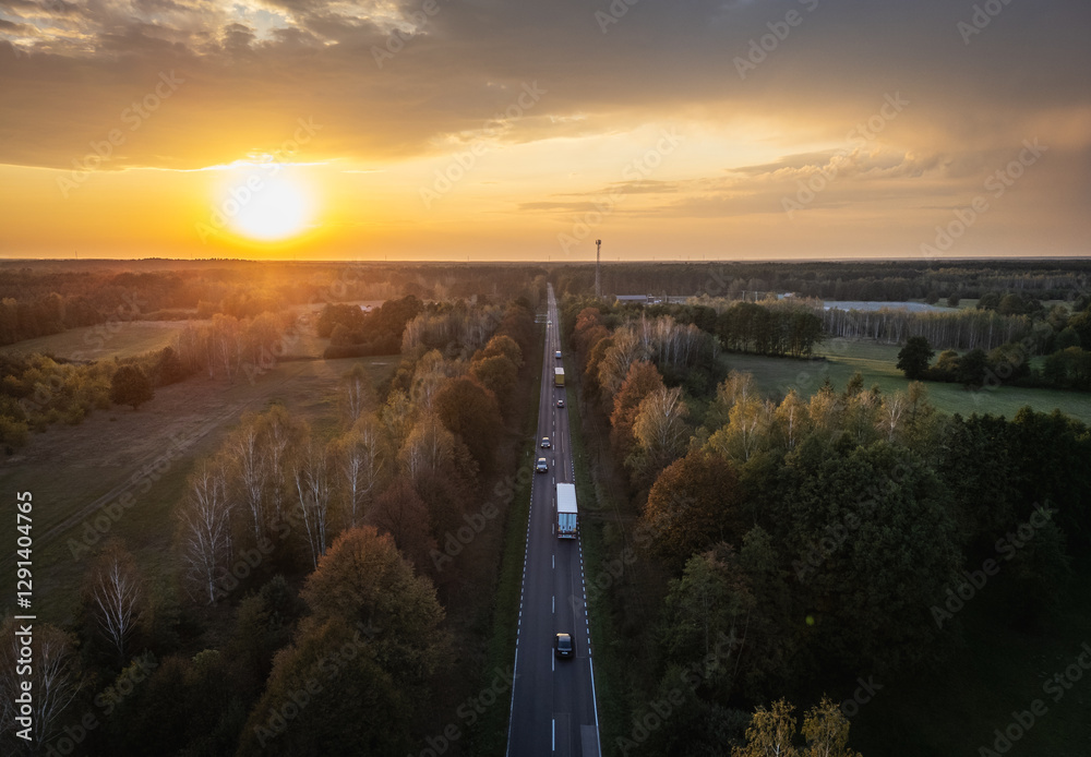 Aerial view of national road no 62 between Lochow and Wyszkow cities in Mazowsze region of Poland