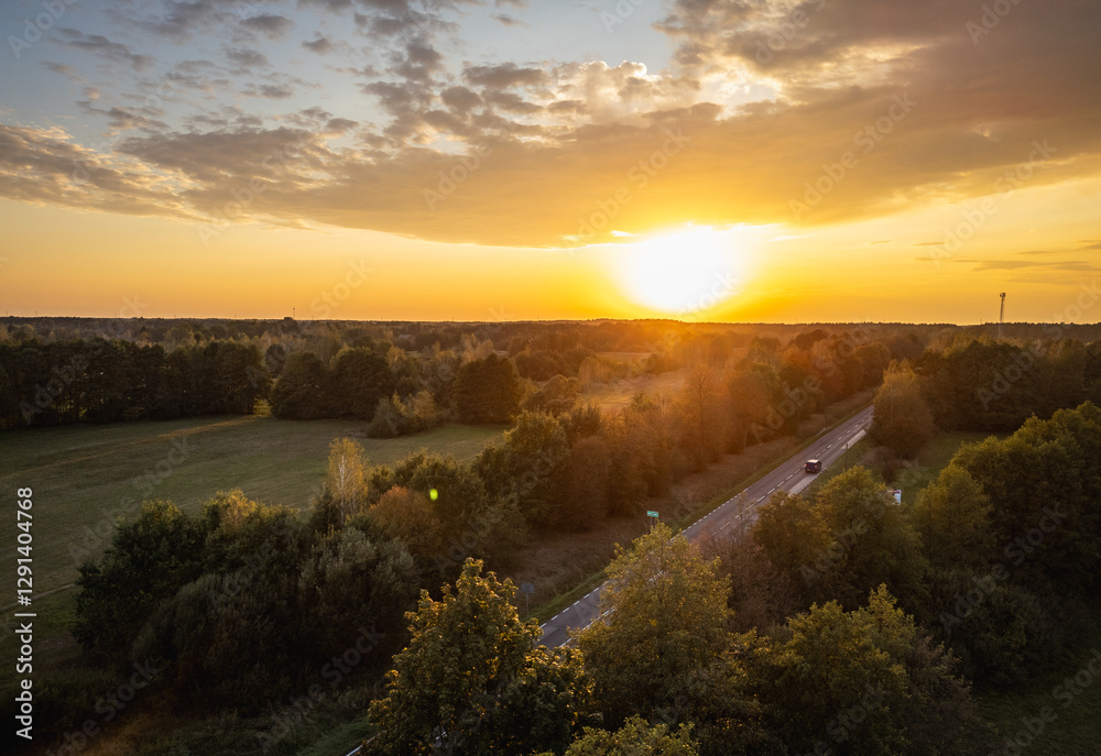 Aerial view of national road no 62 between Lochow and Wyszkow cities in Mazowsze region of Poland