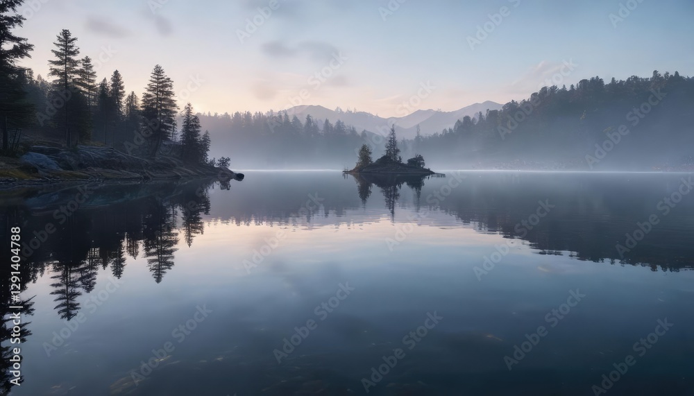 Fototapeta premium Gentle blue reflections on a lake's surface at dawn, reflections, peaceful, blue