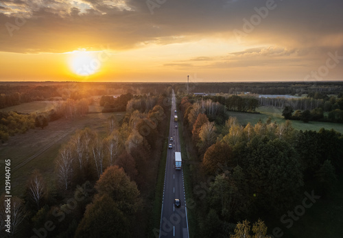 Obraz na płótnie Aerial view of national road no 62 between Lochow and Wyszkow cities in Mazowsze region of Poland w salonie