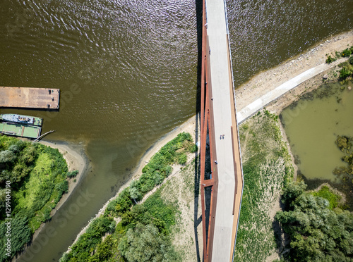 Pedestrian and bicycle footbridge over Vistula River in Warsaw city, Poland