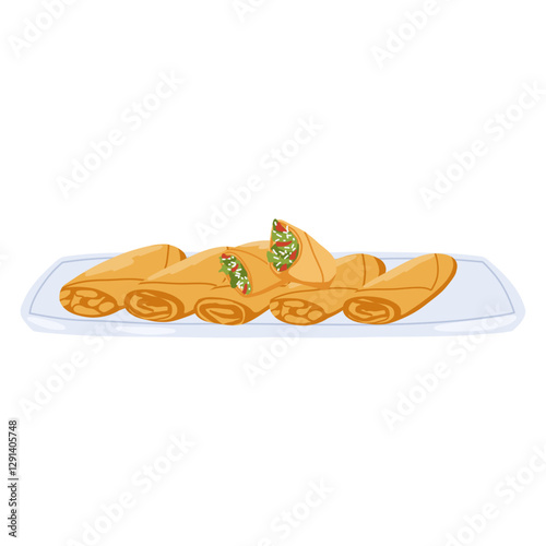 Fried spring rolls with vegetarian filling vector illustration. Traditional Chinese cuisine. Spicy springrolls on a plate isolated icon on white background